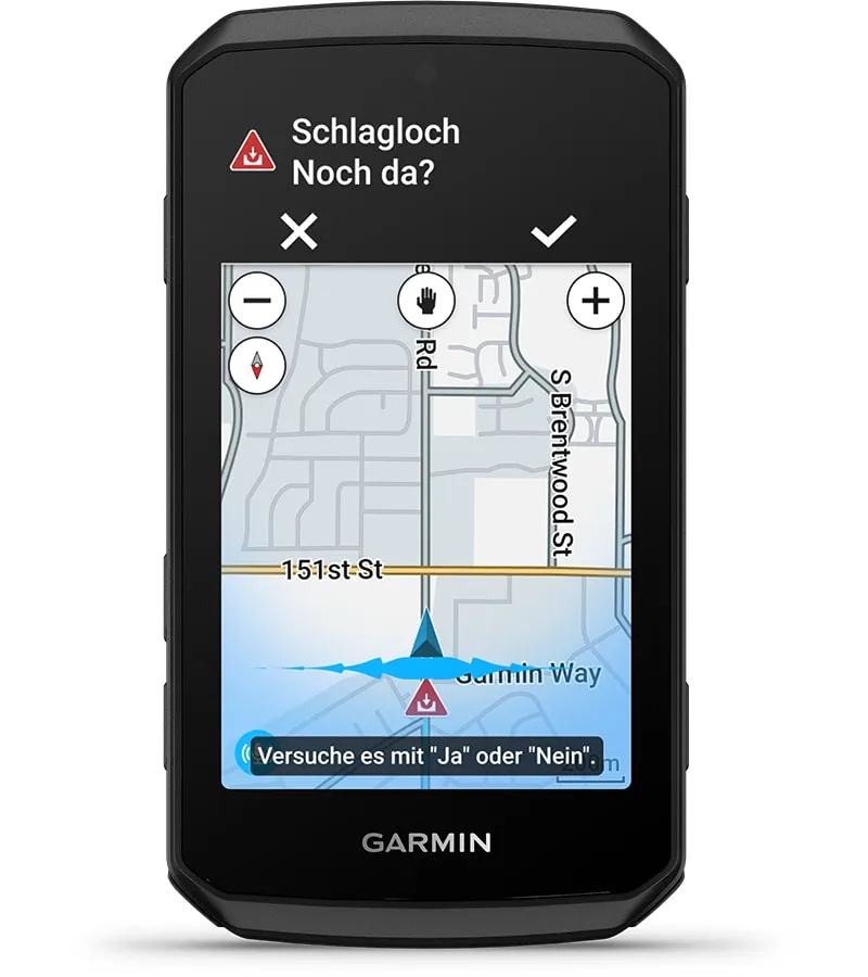 Garmin Edge 1060 mit Sprachabfrage zu einem Schlagloch-Hinweis